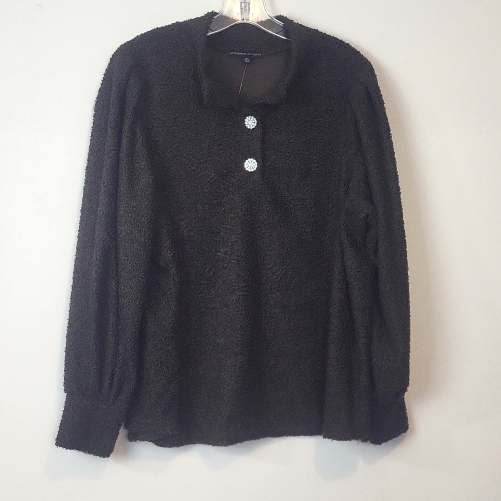 ADRIENNE VITTADINI Brown Rhinestone Button Peasant Sleeve Pullover Sweater